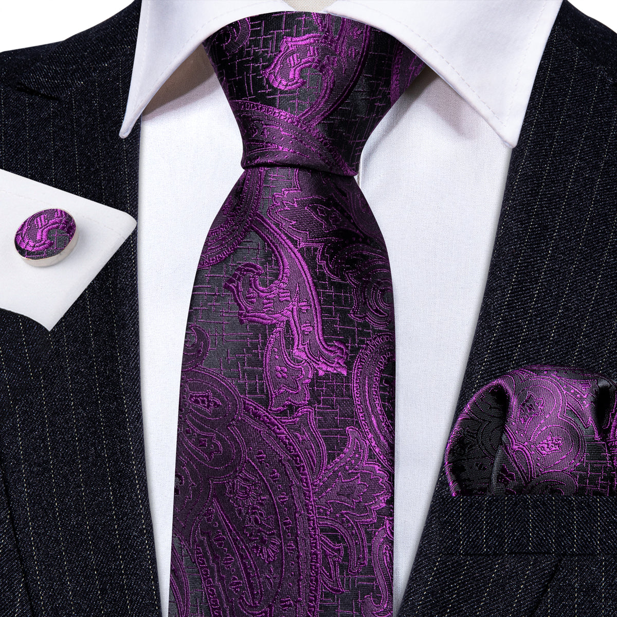 Purple Black Luxury Paisley Silk Tie, Pocket Square and Cufflinks Set tie sets - Sophisticated Gentlemen