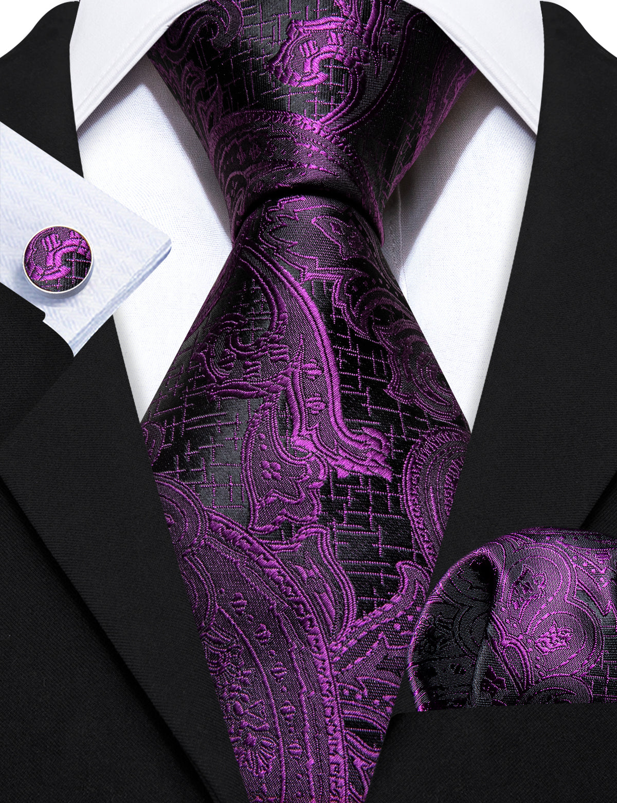 Purple Black Luxury Paisley Silk Tie, Pocket Square and Cufflinks Set tie sets - Sophisticated Gentlemen