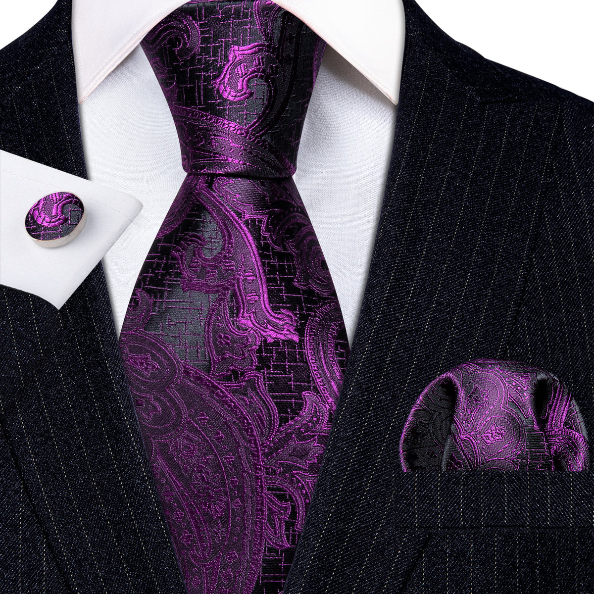 Purple Black Luxury Paisley Silk Tie, Pocket Square and Cufflinks Set tie sets - Sophisticated Gentlemen