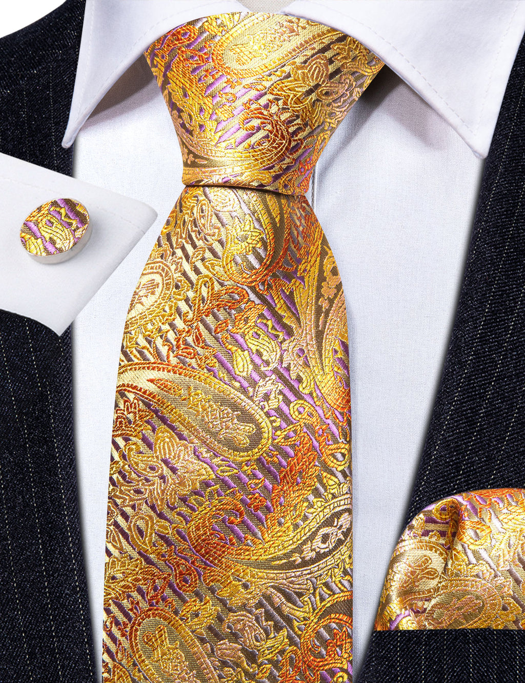 Golden Floral Silk Tie, Pocket Square and Cufflinks Set tie sets - Sophisticated Gentlemen