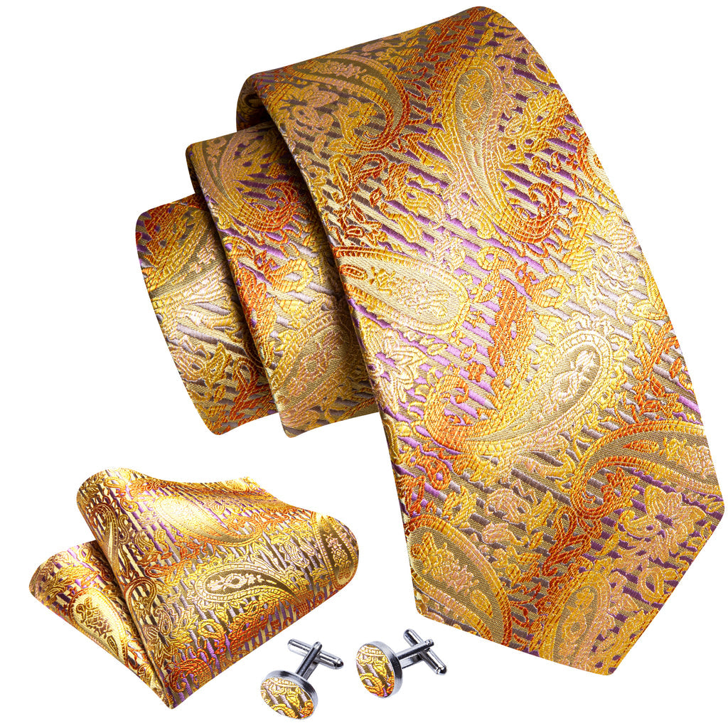 Golden Floral Silk Tie, Pocket Square and Cufflinks Set tie sets - Sophisticated Gentlemen
