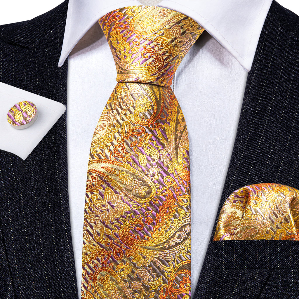 Golden Floral Silk Tie, Pocket Square and Cufflinks Set tie sets - Sophisticated Gentlemen