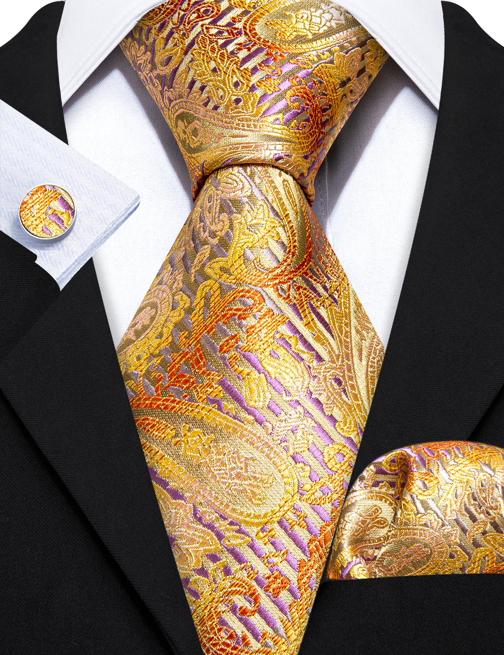 Golden Floral Silk Tie, Pocket Square and Cufflinks Set tie sets - Sophisticated Gentlemen