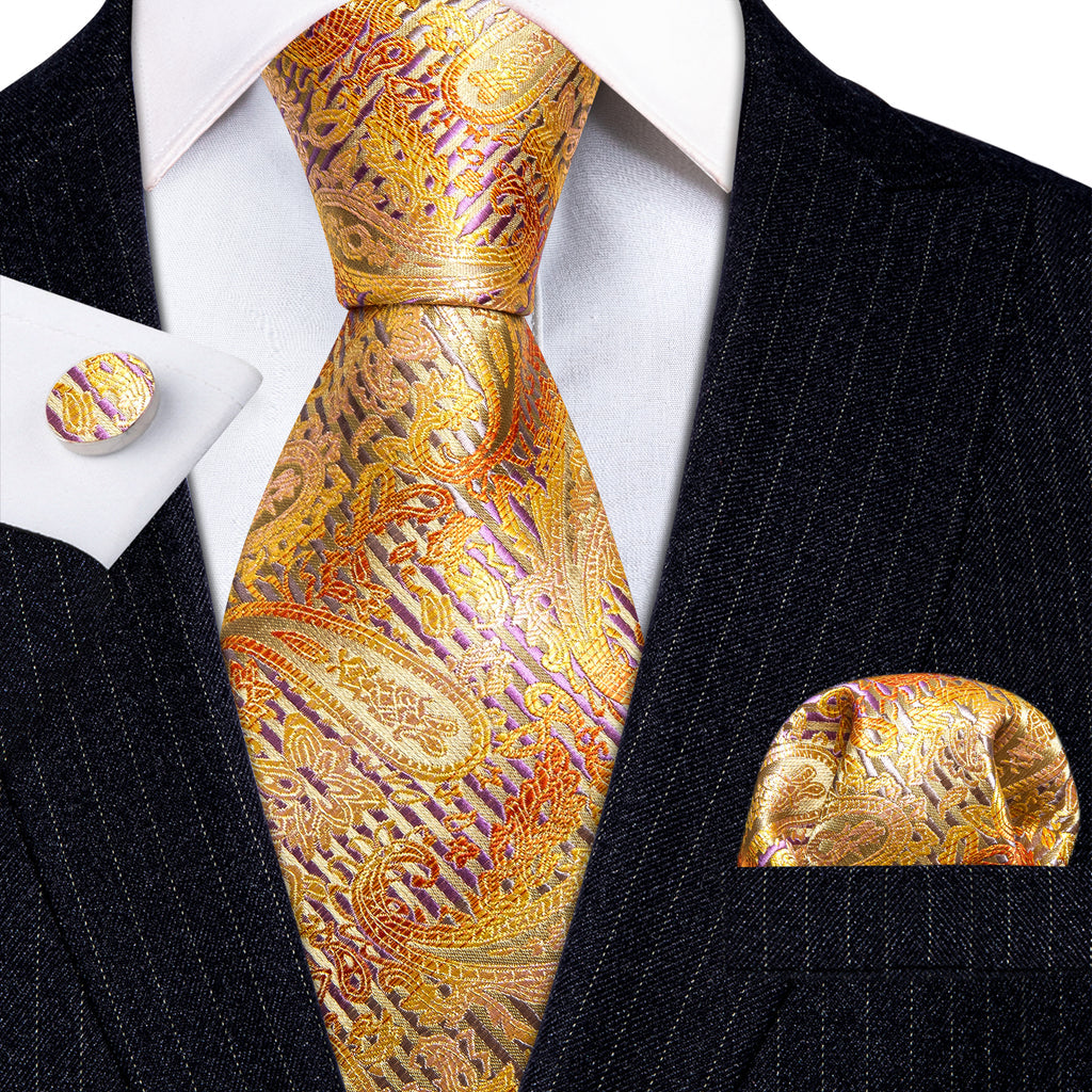 Golden Floral Silk Tie, Pocket Square and Cufflinks Set tie sets - Sophisticated Gentlemen