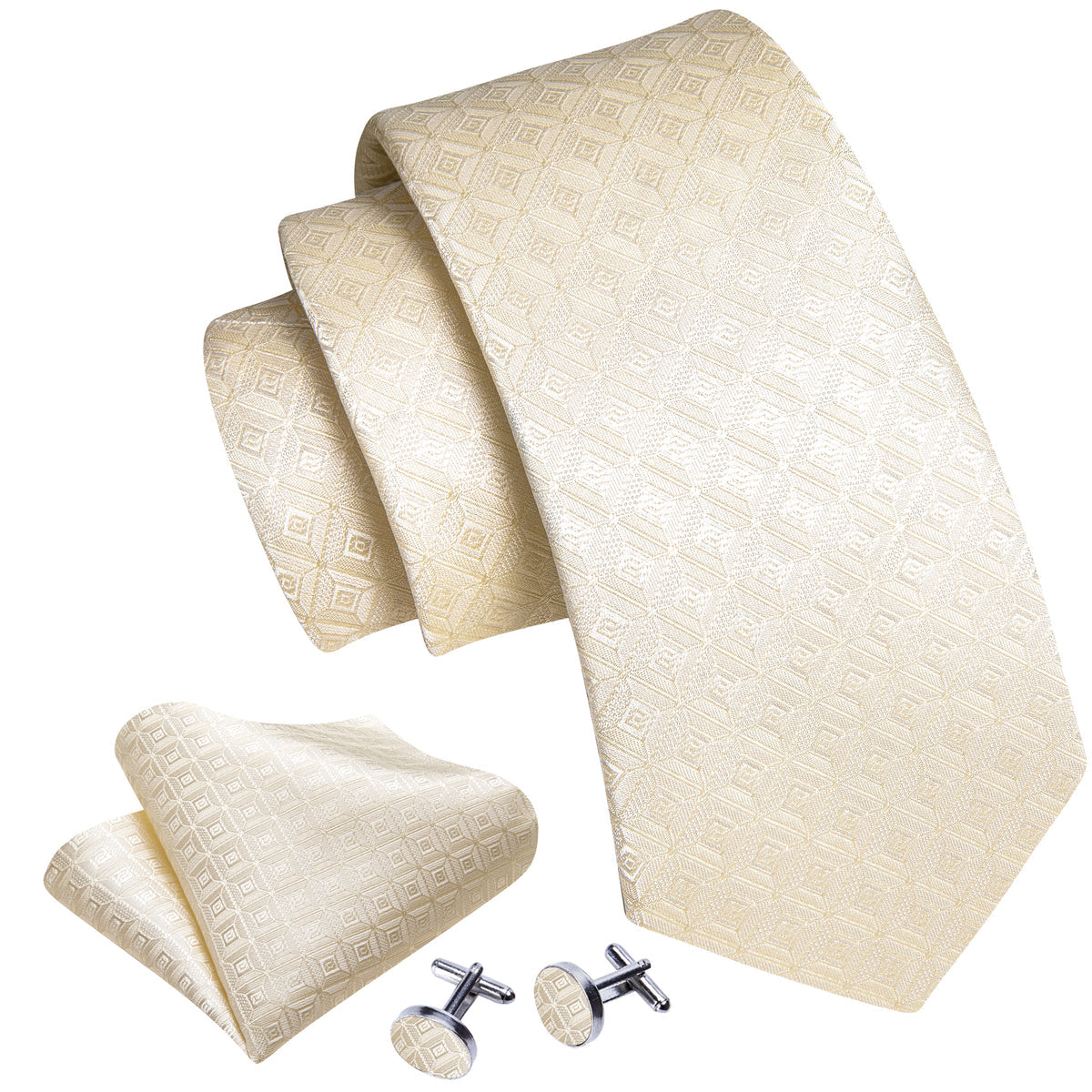 Cream Novelty Geometry Silk Tie, Pocket Square and Cufflinks Set tie sets - Sophisticated Gentlemen