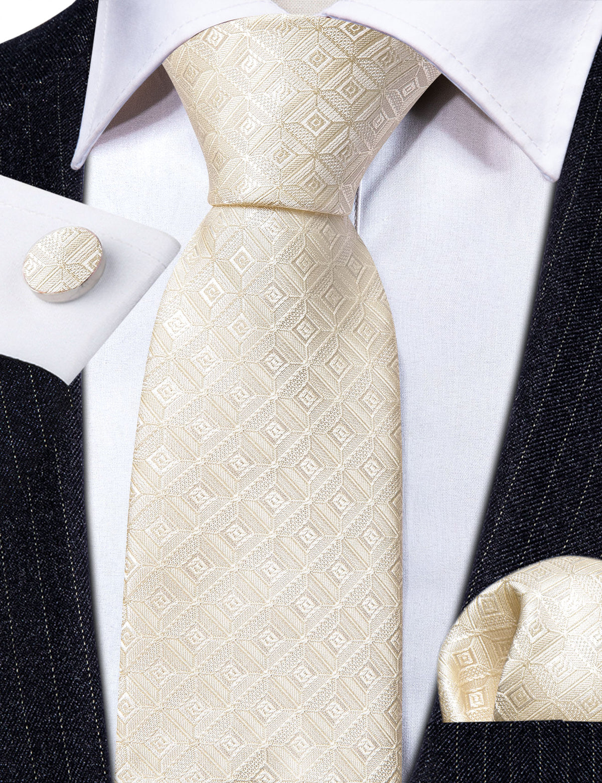 Cream Novelty Geometry Silk Tie, Pocket Square and Cufflinks Set tie sets - Sophisticated Gentlemen
