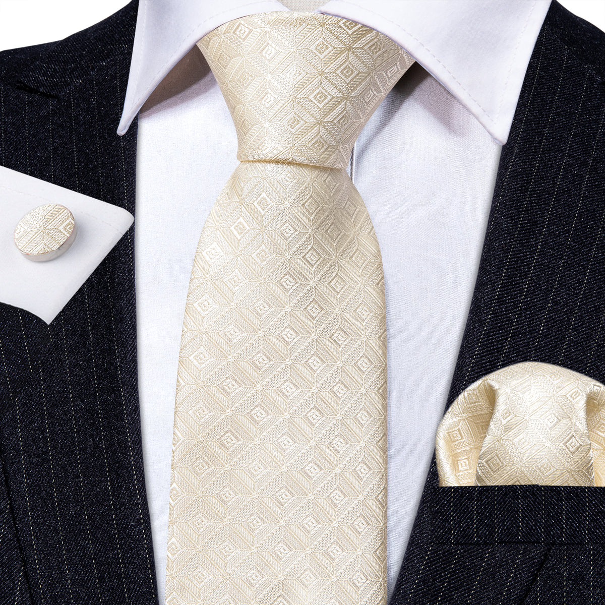 Cream Novelty Geometry Silk Tie, Pocket Square and Cufflinks Set tie sets - Sophisticated Gentlemen