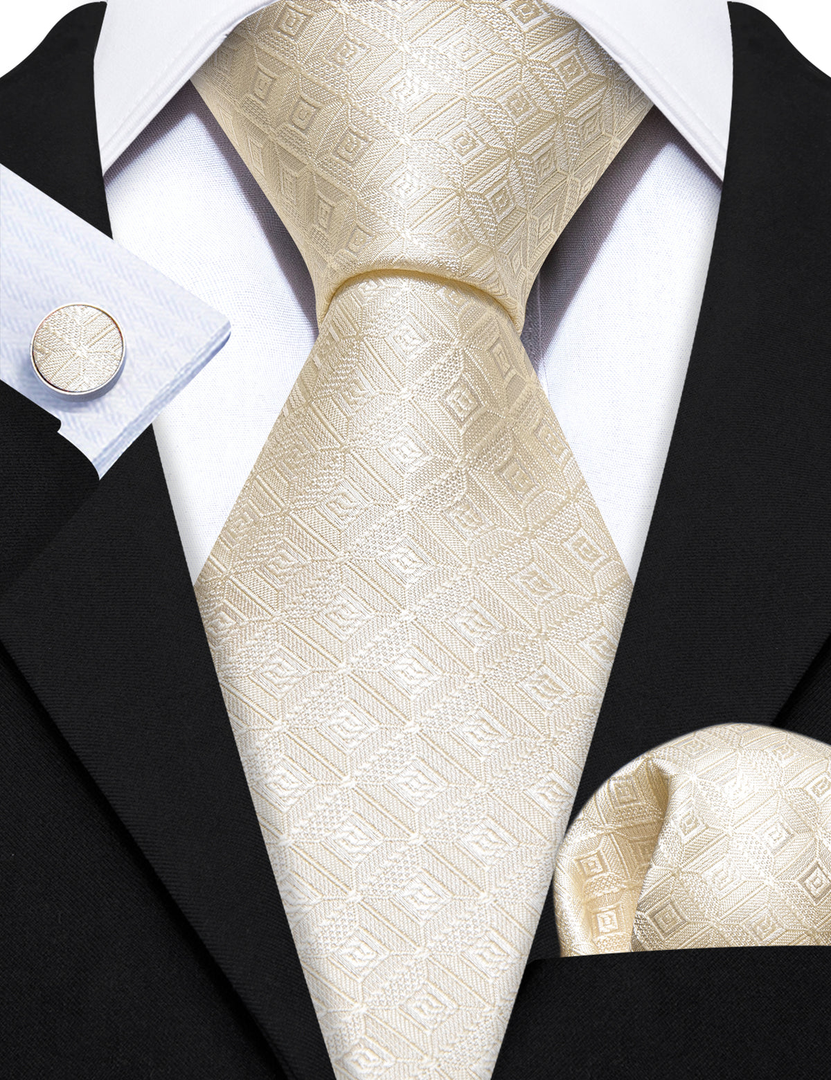 Cream Novelty Geometry Silk Tie, Pocket Square and Cufflinks Set tie sets - Sophisticated Gentlemen