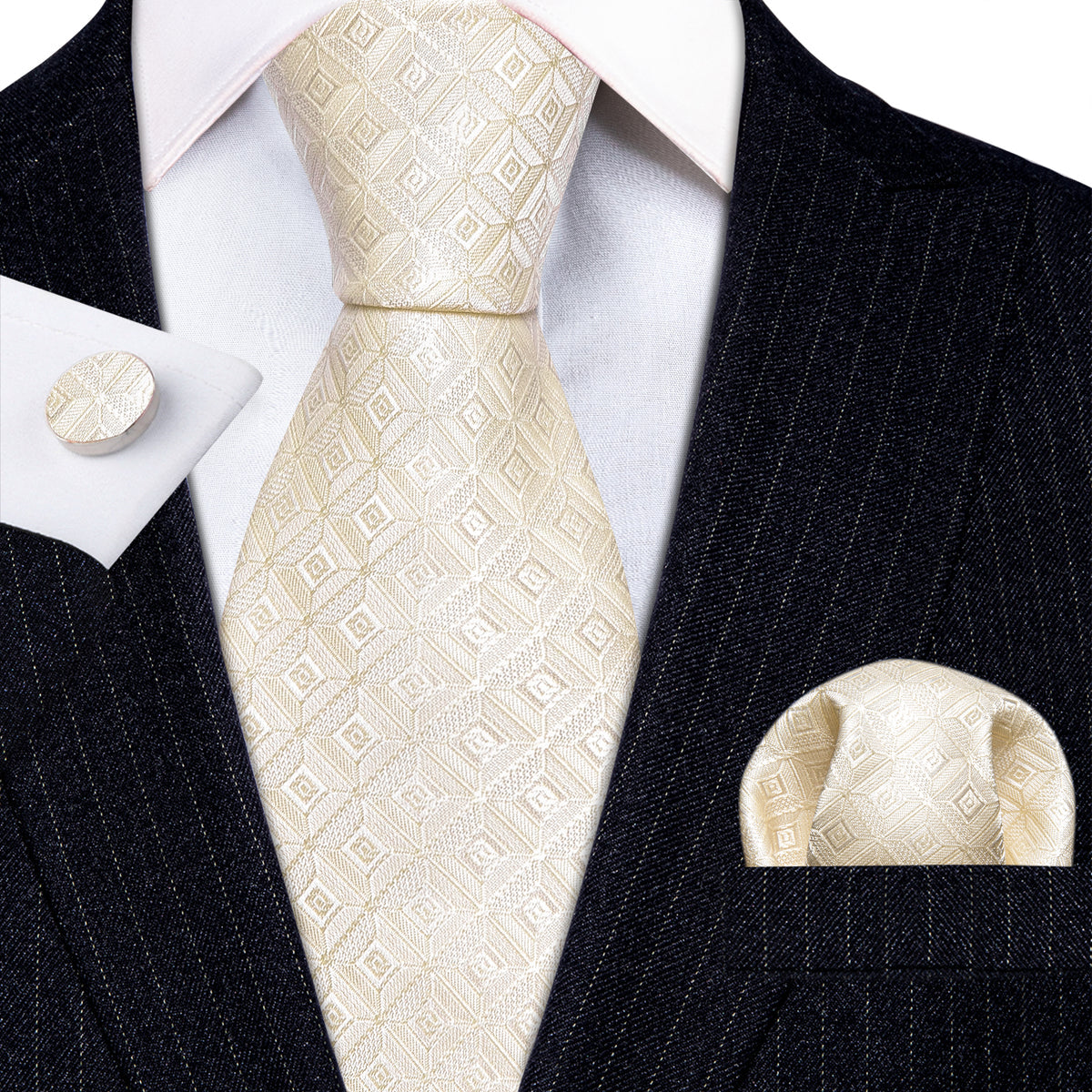 Cream Novelty Geometry Silk Tie, Pocket Square and Cufflinks Set tie sets - Sophisticated Gentlemen