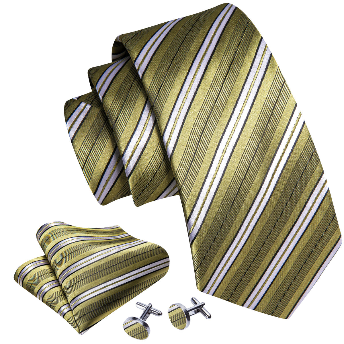 LemonChiffon Yellow White Striped Silk Tie, Pocket Square and Cufflinks Set tie sets - Sophisticated Gentlemen