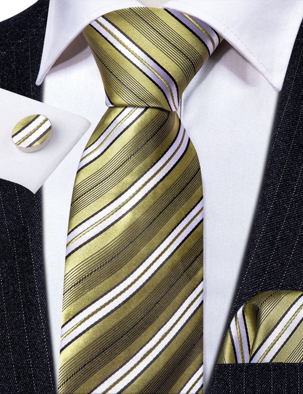 LemonChiffon Yellow White Striped Silk Tie, Pocket Square and Cufflinks Set tie sets - Sophisticated Gentlemen
