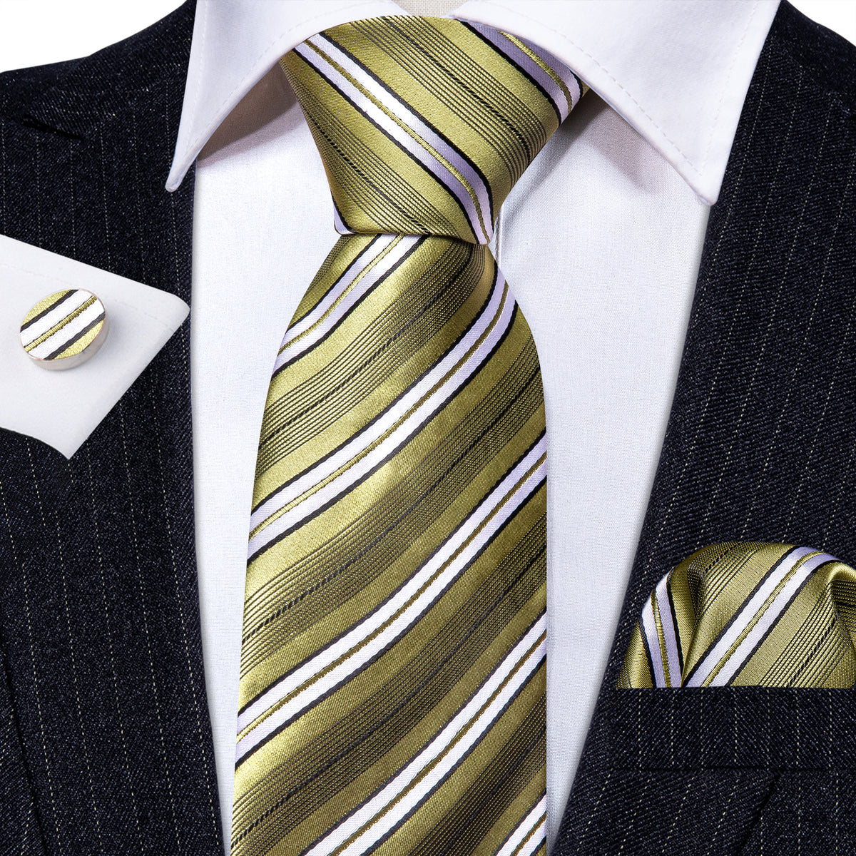 LemonChiffon Yellow White Striped Silk Tie, Pocket Square and Cufflinks Set tie sets - Sophisticated Gentlemen