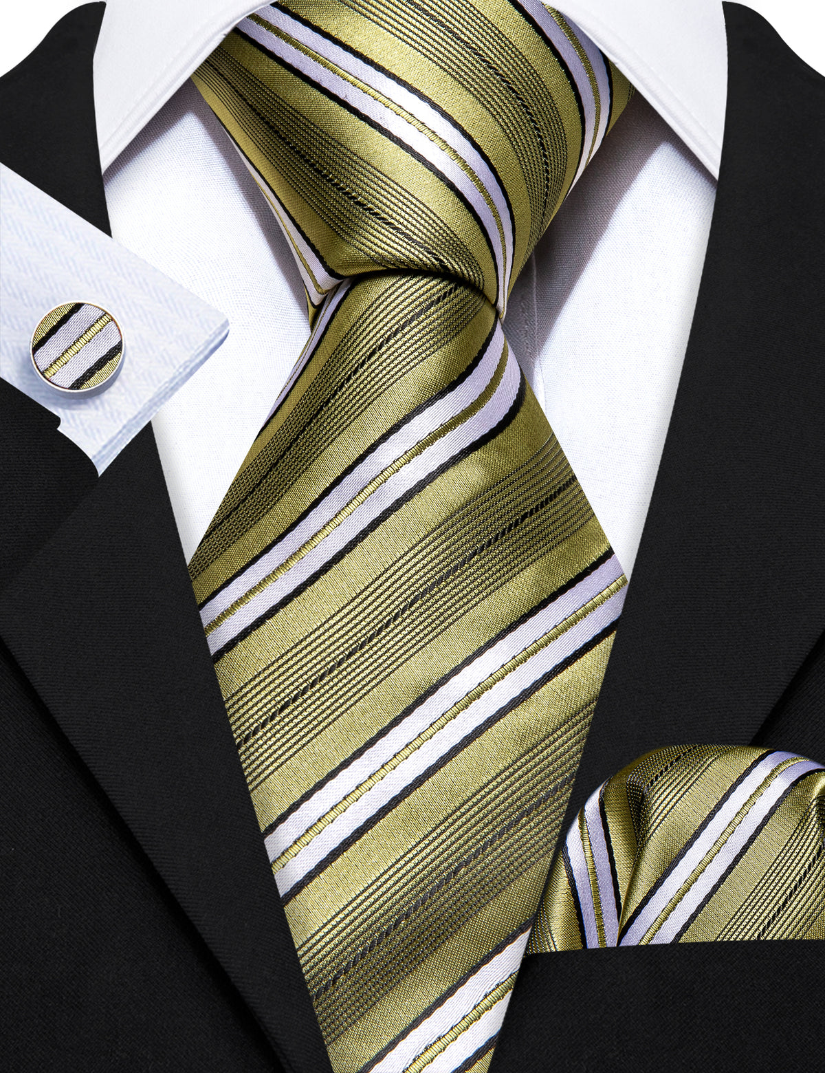 LemonChiffon Yellow White Striped Silk Tie, Pocket Square and Cufflinks Set tie sets - Sophisticated Gentlemen