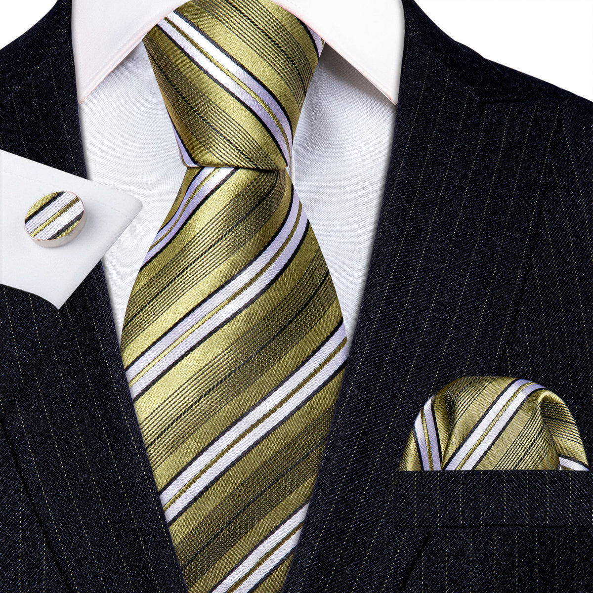 LemonChiffon Yellow White Striped Silk Tie, Pocket Square and Cufflinks Set tie sets - Sophisticated Gentlemen