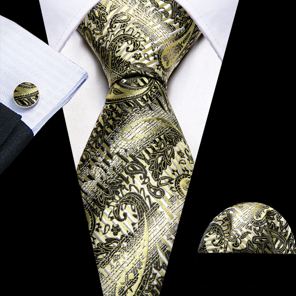 Black Silver Paisley Silk Tie, Pocket Square and Cufflinks Set tie sets - Sophisticated Gentlemen