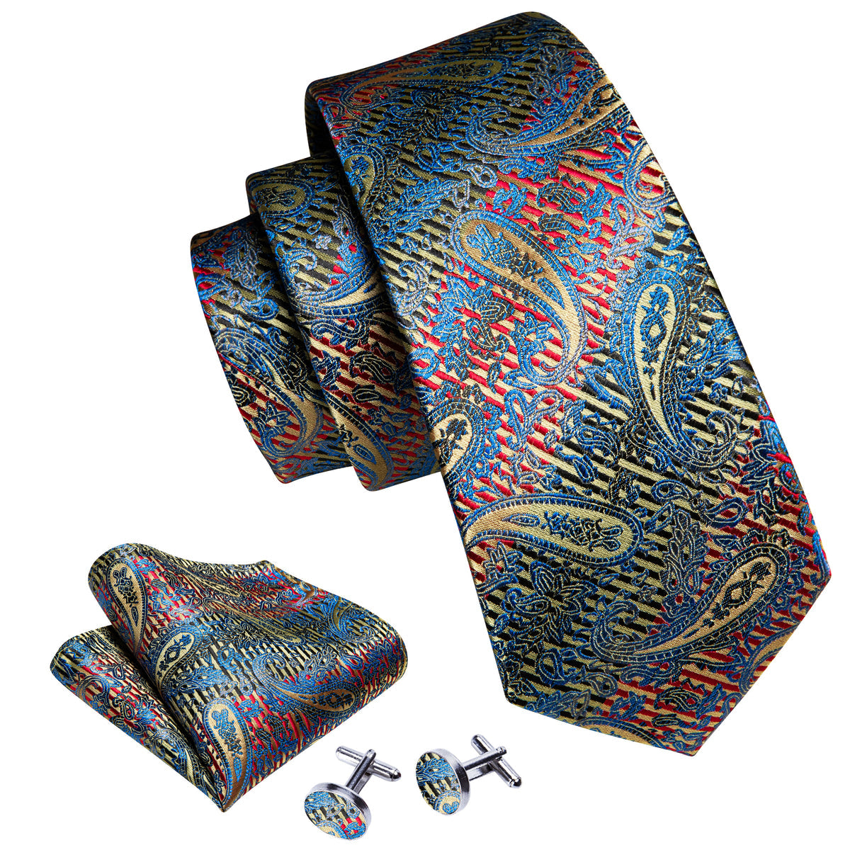 Shining Blue Red Paisley Silk Tie, Pocket Square and Cufflinks Set tie sets - Sophisticated Gentlemen