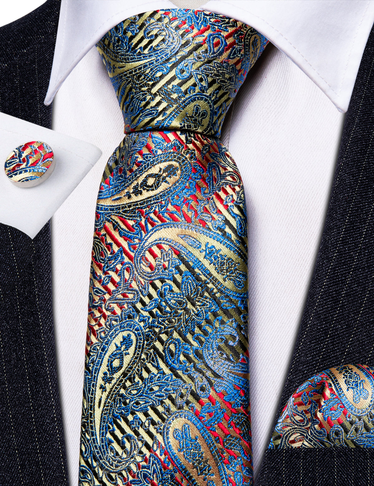 Shining Blue Red Paisley Silk Tie, Pocket Square and Cufflinks Set tie sets - Sophisticated Gentlemen