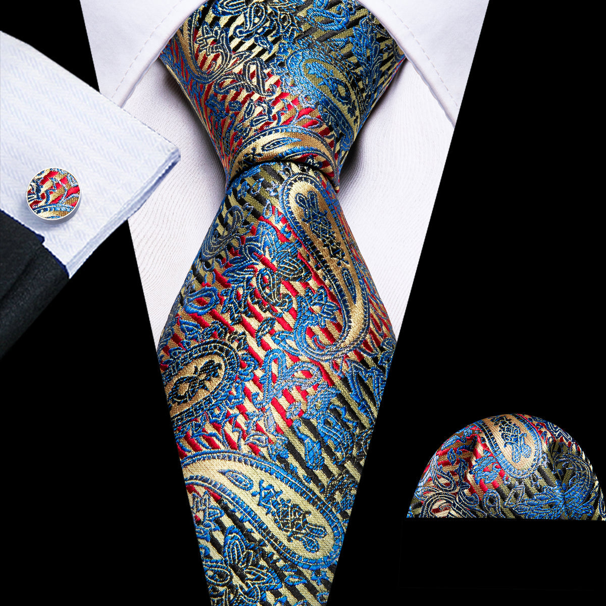 Shining Blue Red Paisley Silk Tie, Pocket Square and Cufflinks Set tie sets - Sophisticated Gentlemen