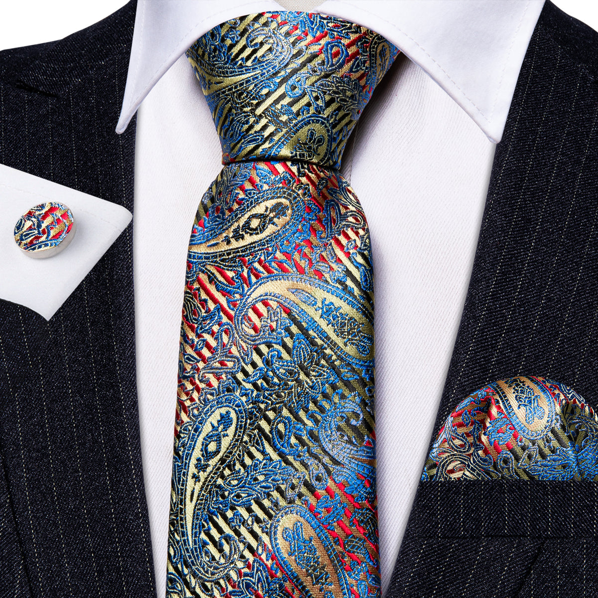 Shining Blue Red Paisley Silk Tie, Pocket Square and Cufflinks Set tie sets - Sophisticated Gentlemen