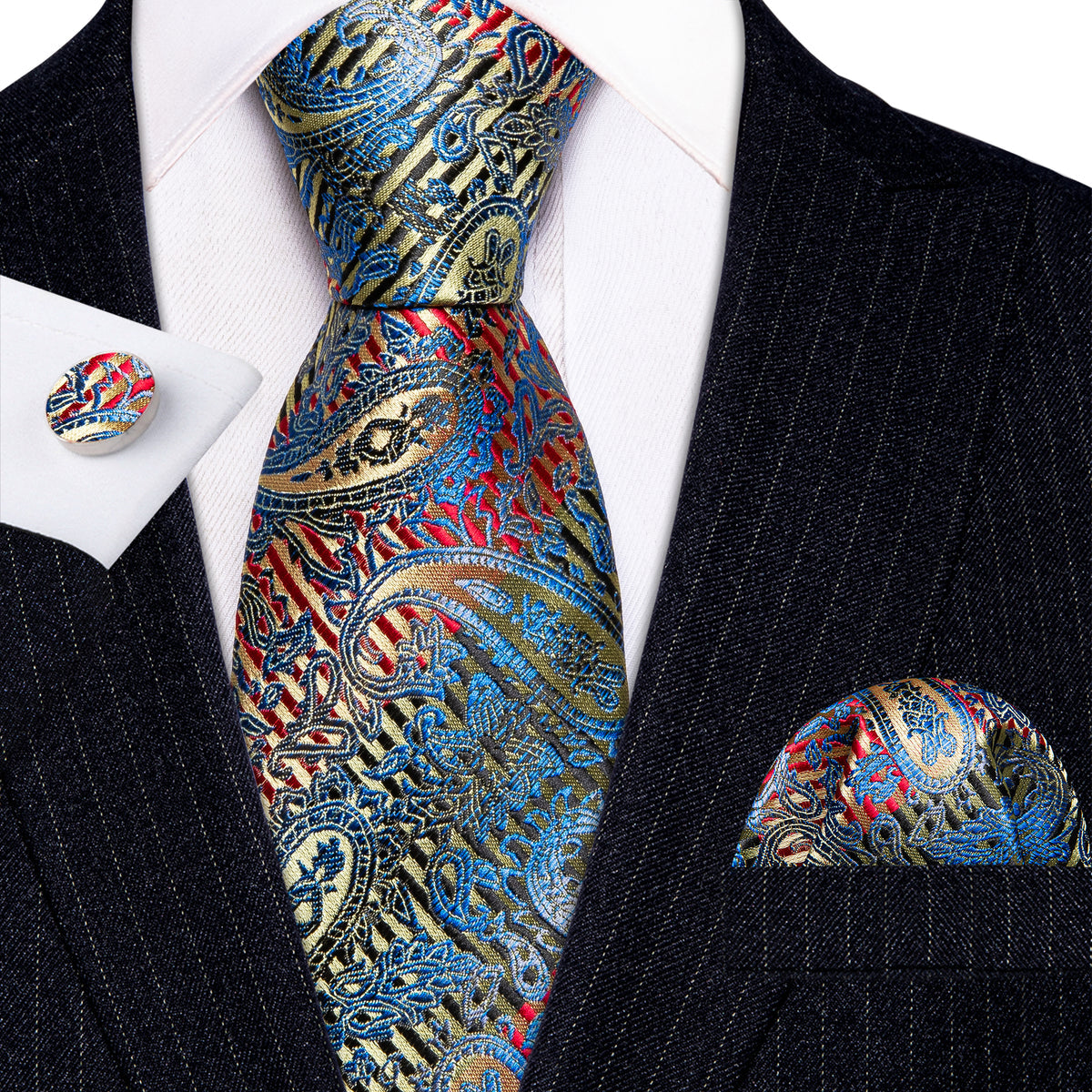 Shining Blue Red Paisley Silk Tie, Pocket Square and Cufflinks Set tie sets - Sophisticated Gentlemen