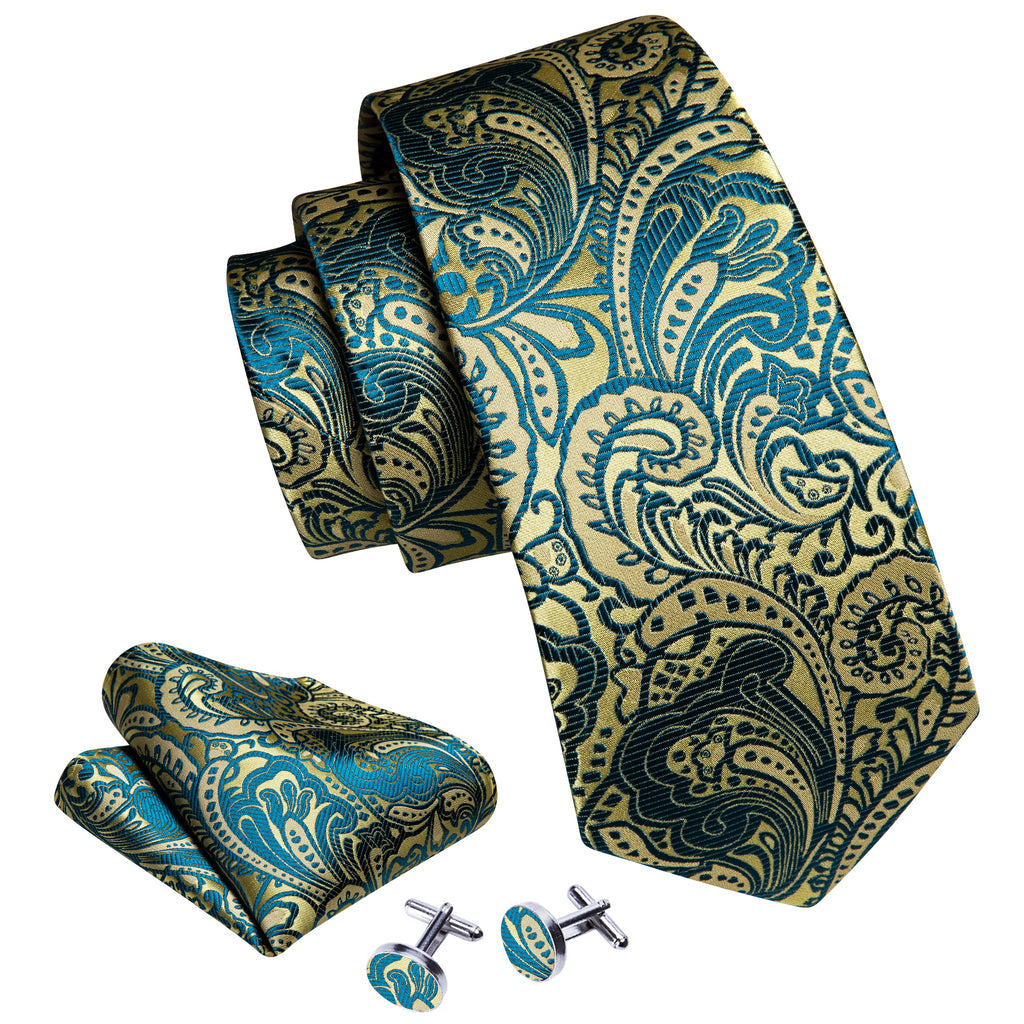 Gold Teal Blue Paisley Silk Tie, Pocket Square and Cufflinks Set tie sets - Sophisticated Gentlemen