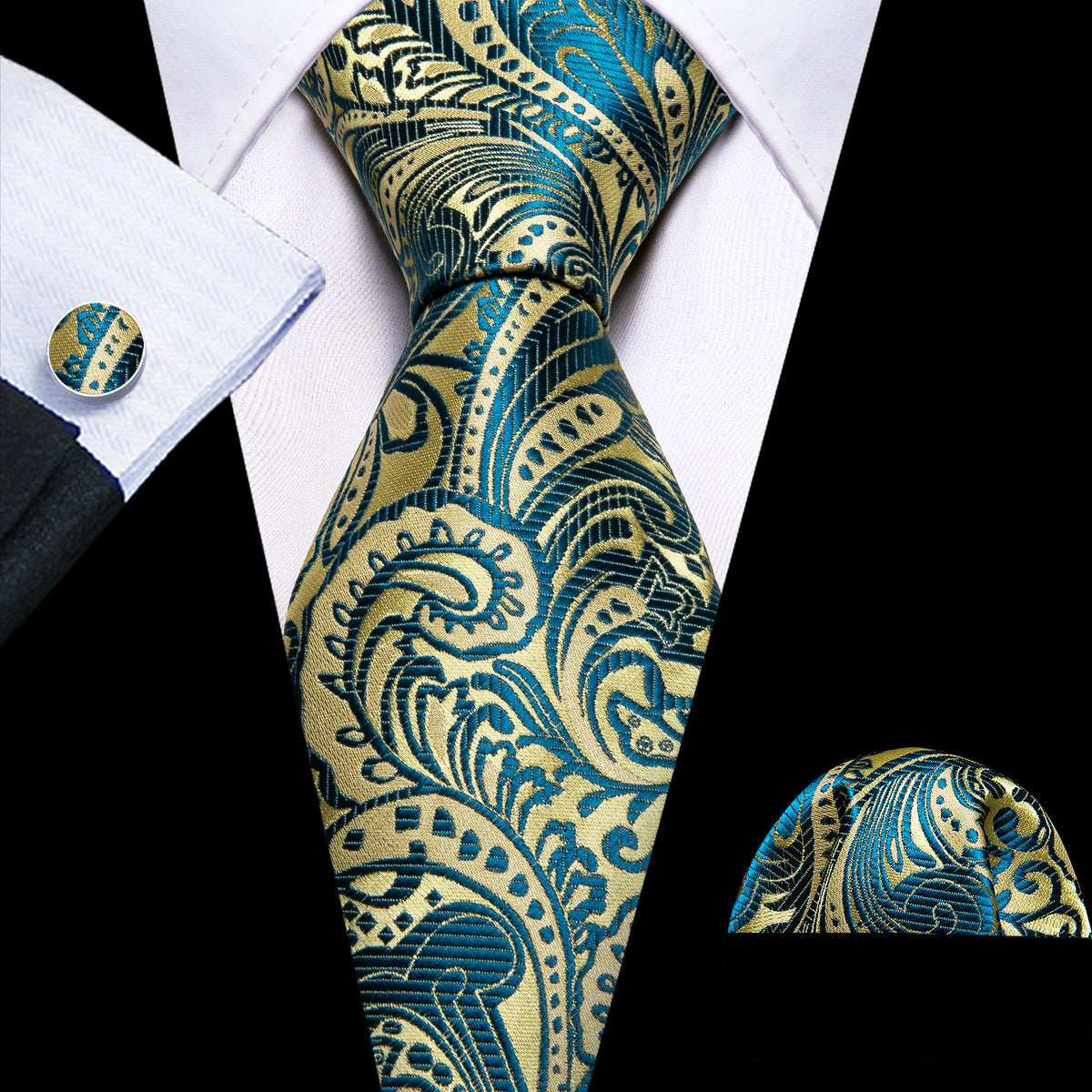 Gold Teal Blue Paisley Silk Tie, Pocket Square and Cufflinks Set tie sets - Sophisticated Gentlemen