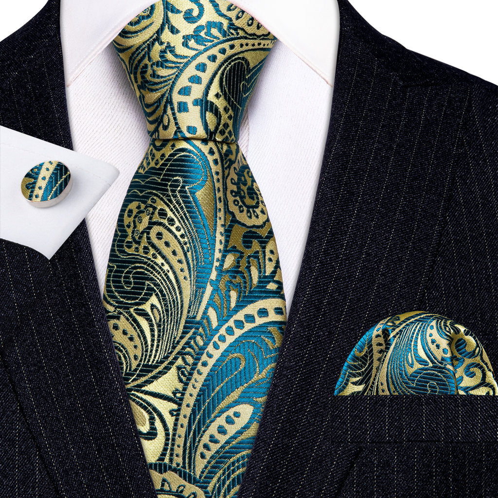 Gold Teal Blue Paisley Silk Tie, Pocket Square and Cufflinks Set tie sets - Sophisticated Gentlemen