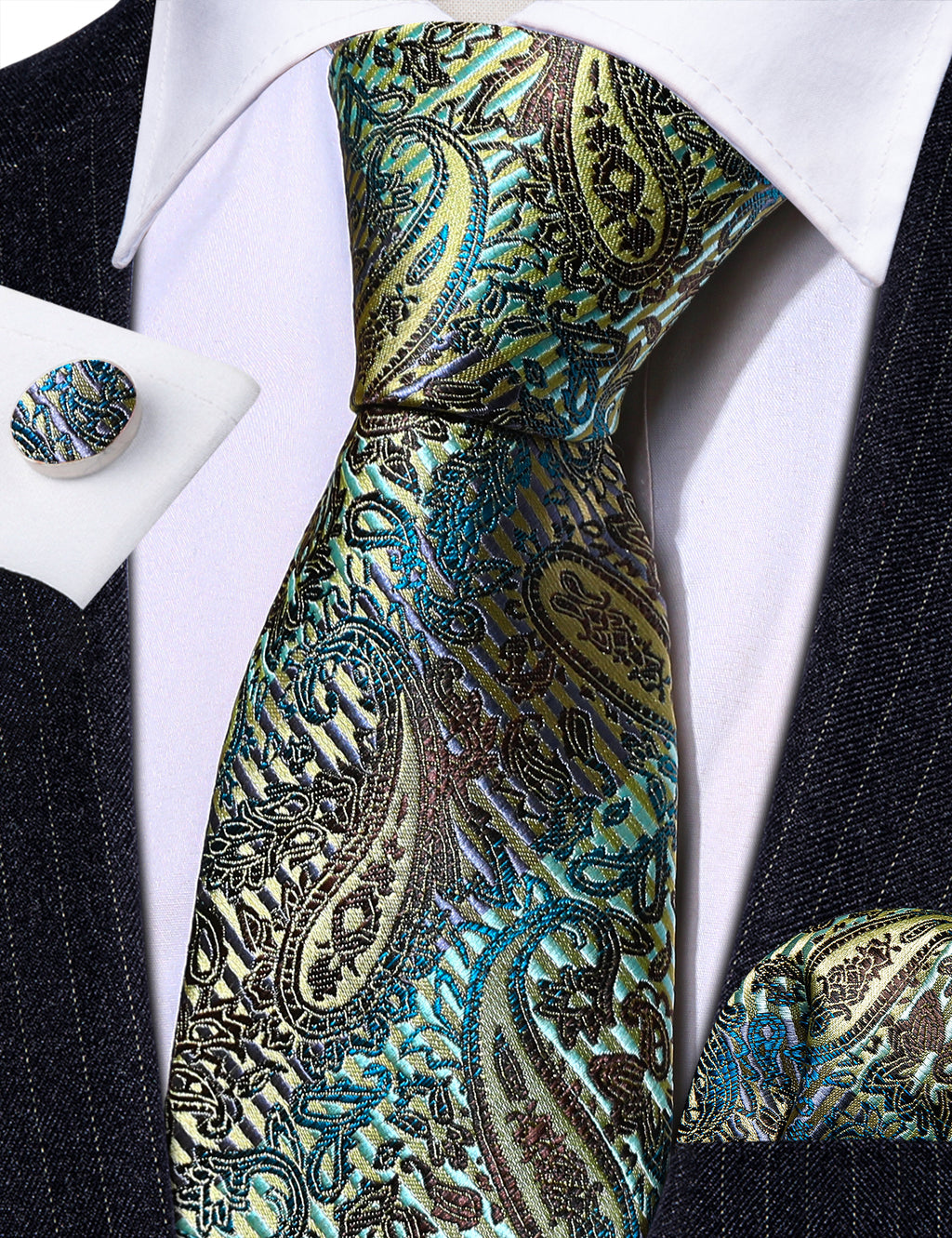 Black Gold Paisley Silk Tie, Pocket Square and Cufflinks Set tie sets - Sophisticated Gentlemen