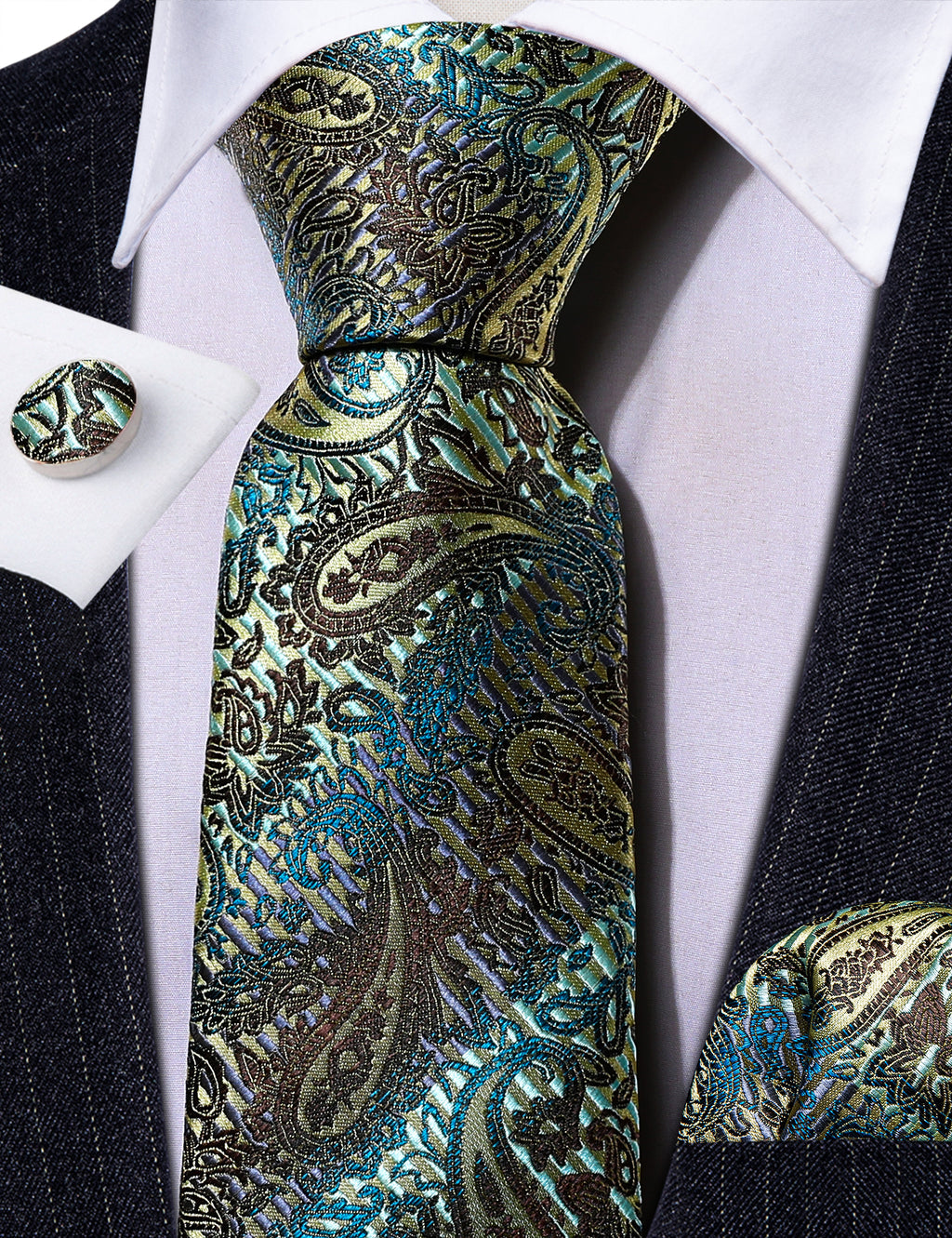 Black Gold Paisley Silk Tie, Pocket Square and Cufflinks Set tie sets - Sophisticated Gentlemen