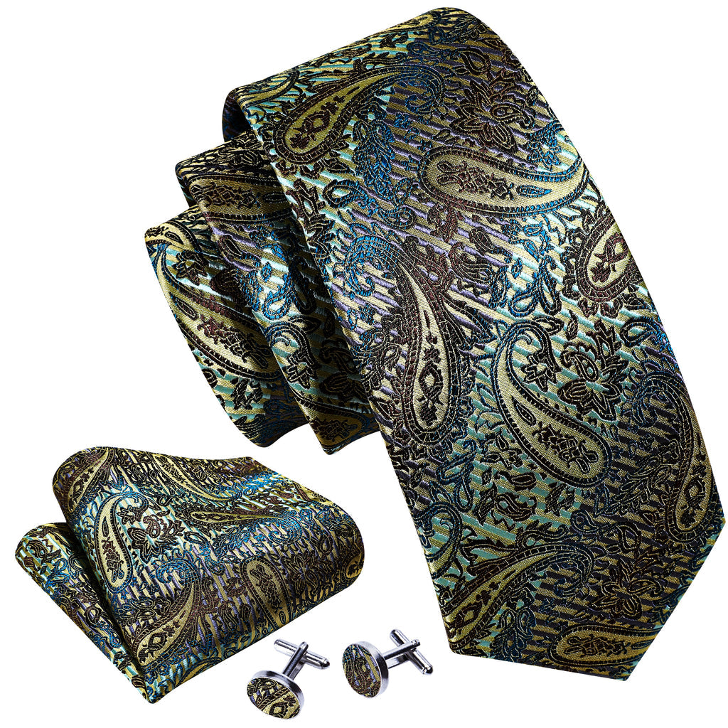 Black Gold Paisley Silk Tie, Pocket Square and Cufflinks Set tie sets - Sophisticated Gentlemen