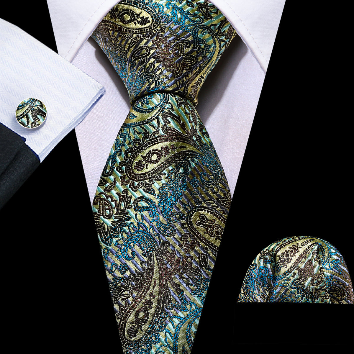 Black Gold Paisley Silk Tie, Pocket Square and Cufflinks Set tie sets - Sophisticated Gentlemen
