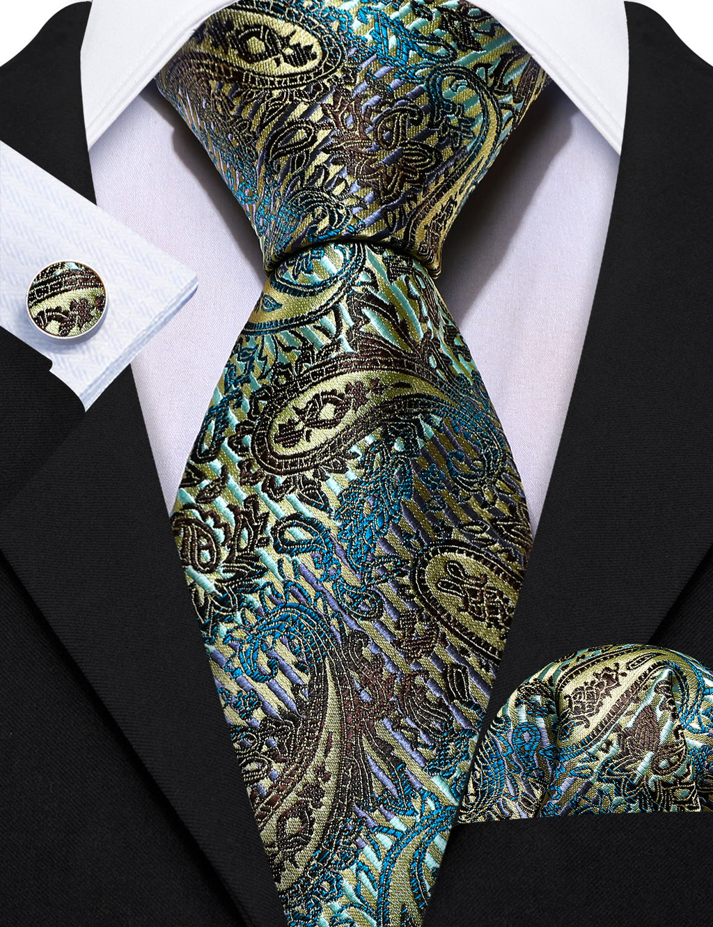 Black Gold Paisley Silk Tie, Pocket Square and Cufflinks Set tie sets - Sophisticated Gentlemen