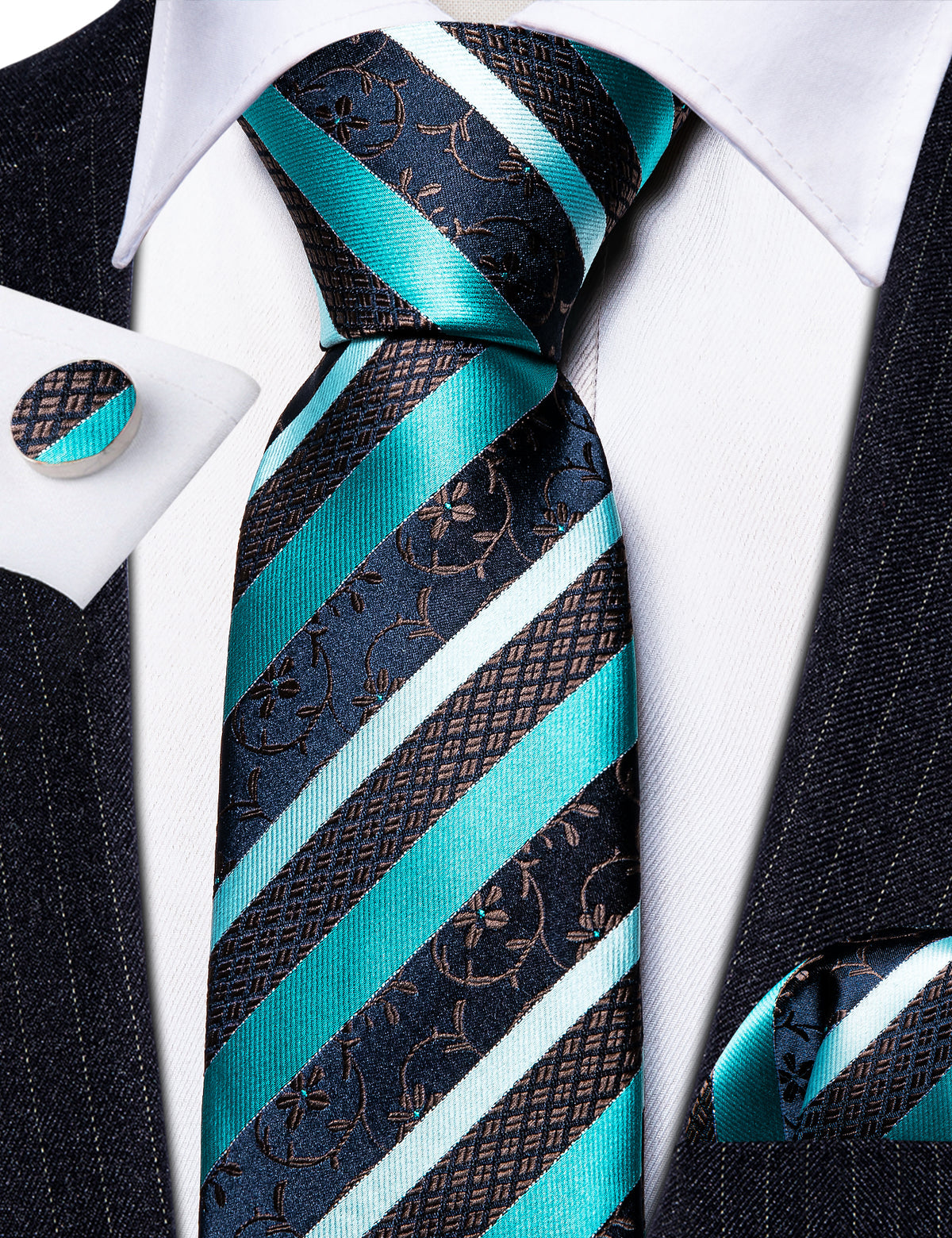 Aqua Blue Black Striped Silk Tie, Pocket Square and Cufflinks Set tie sets - Sophisticated Gentlemen