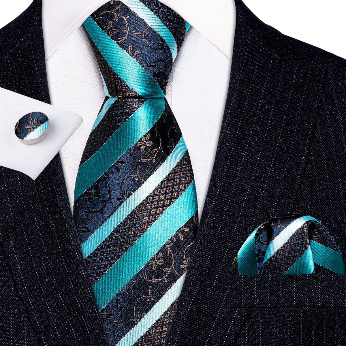 Aqua Blue Black Striped Silk Tie, Pocket Square and Cufflinks Set tie sets - Sophisticated Gentlemen