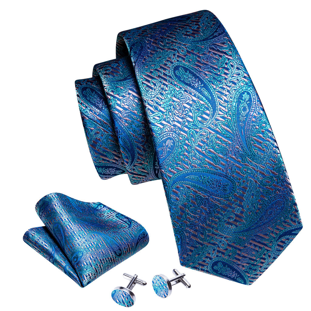 Blue Purple Paisley Silk Tie, Pocket Square and Cufflinks Set tie sets - Sophisticated Gentlemen