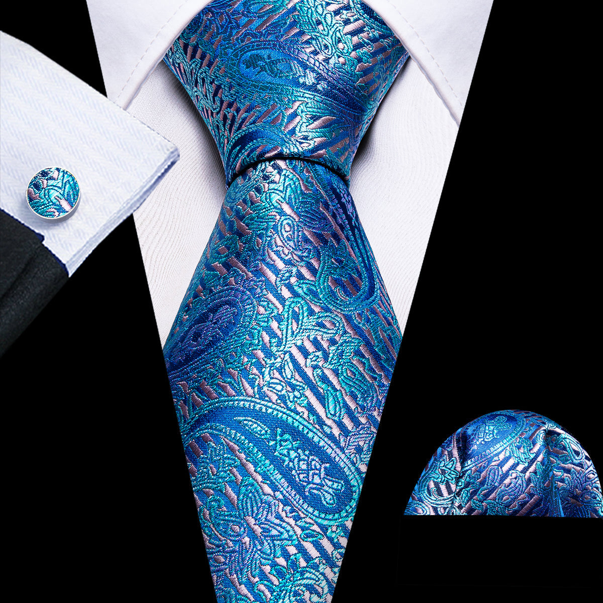 Blue Purple Paisley Silk Tie, Pocket Square and Cufflinks Set tie sets - Sophisticated Gentlemen