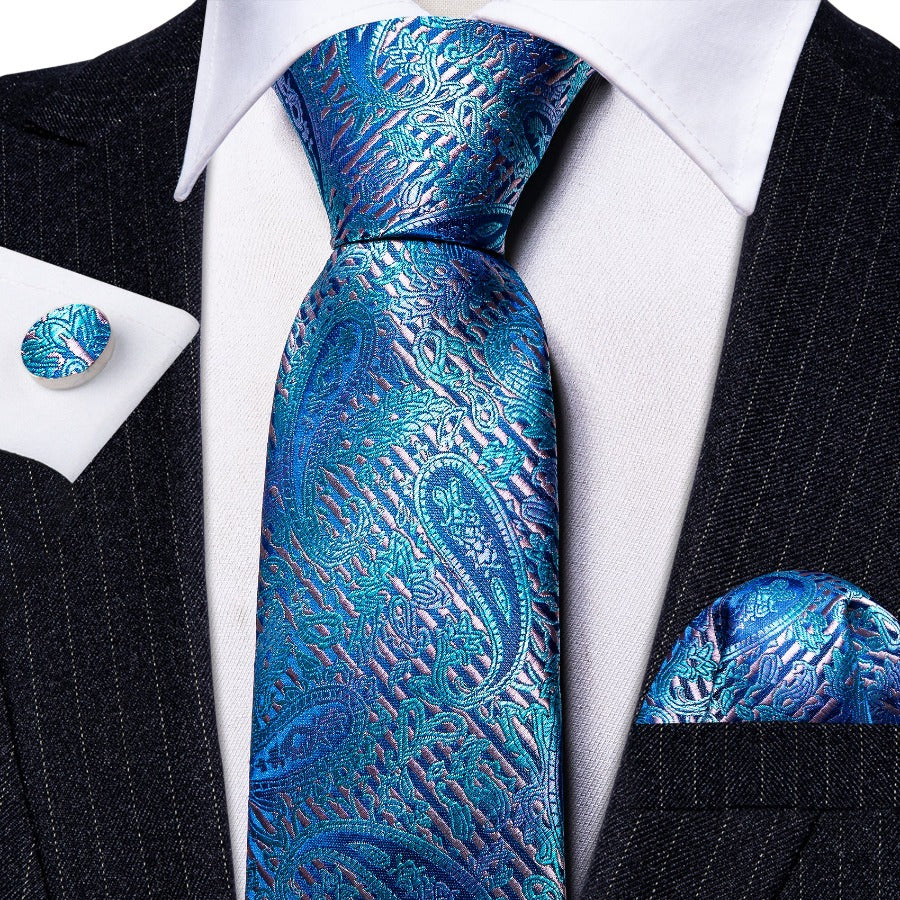 Blue Purple Paisley Silk Tie, Pocket Square and Cufflinks Set tie sets - Sophisticated Gentlemen