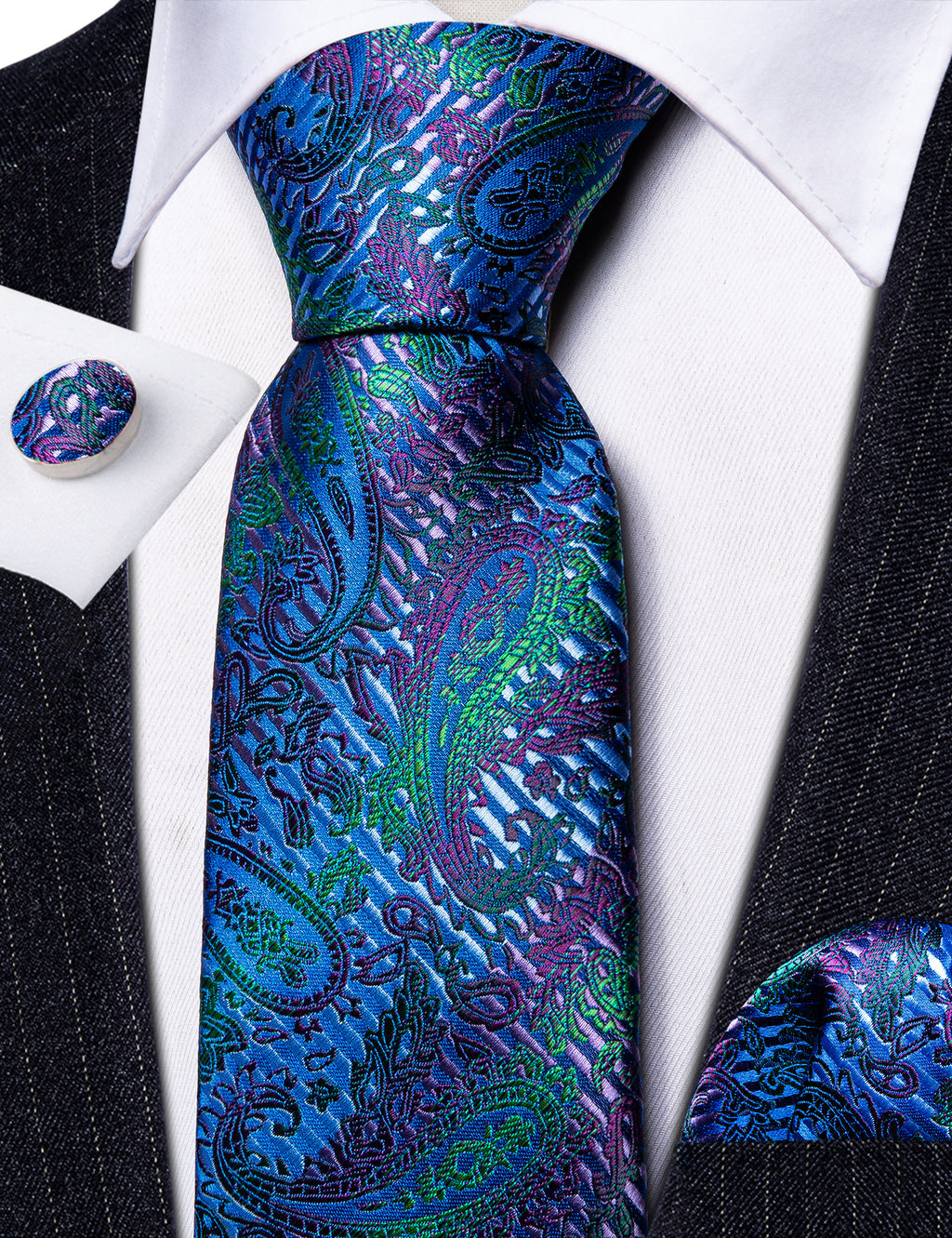 Dark Blue Paisley Silk Tie, Pocket Square and Cufflinks Set tie sets - Sophisticated Gentlemen