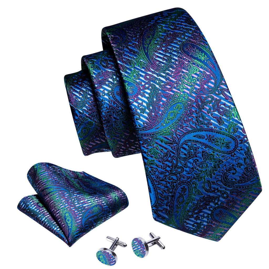 Dark Blue Paisley Silk Tie, Pocket Square and Cufflinks Set tie sets - Sophisticated Gentlemen