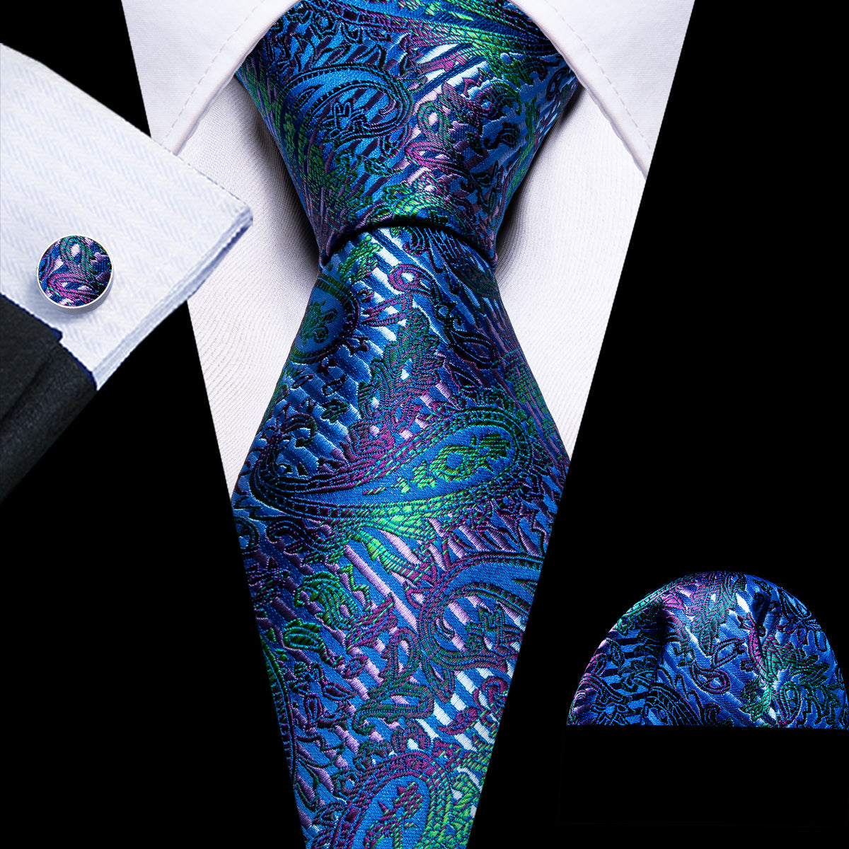 Dark Blue Paisley Silk Tie, Pocket Square and Cufflinks Set tie sets - Sophisticated Gentlemen
