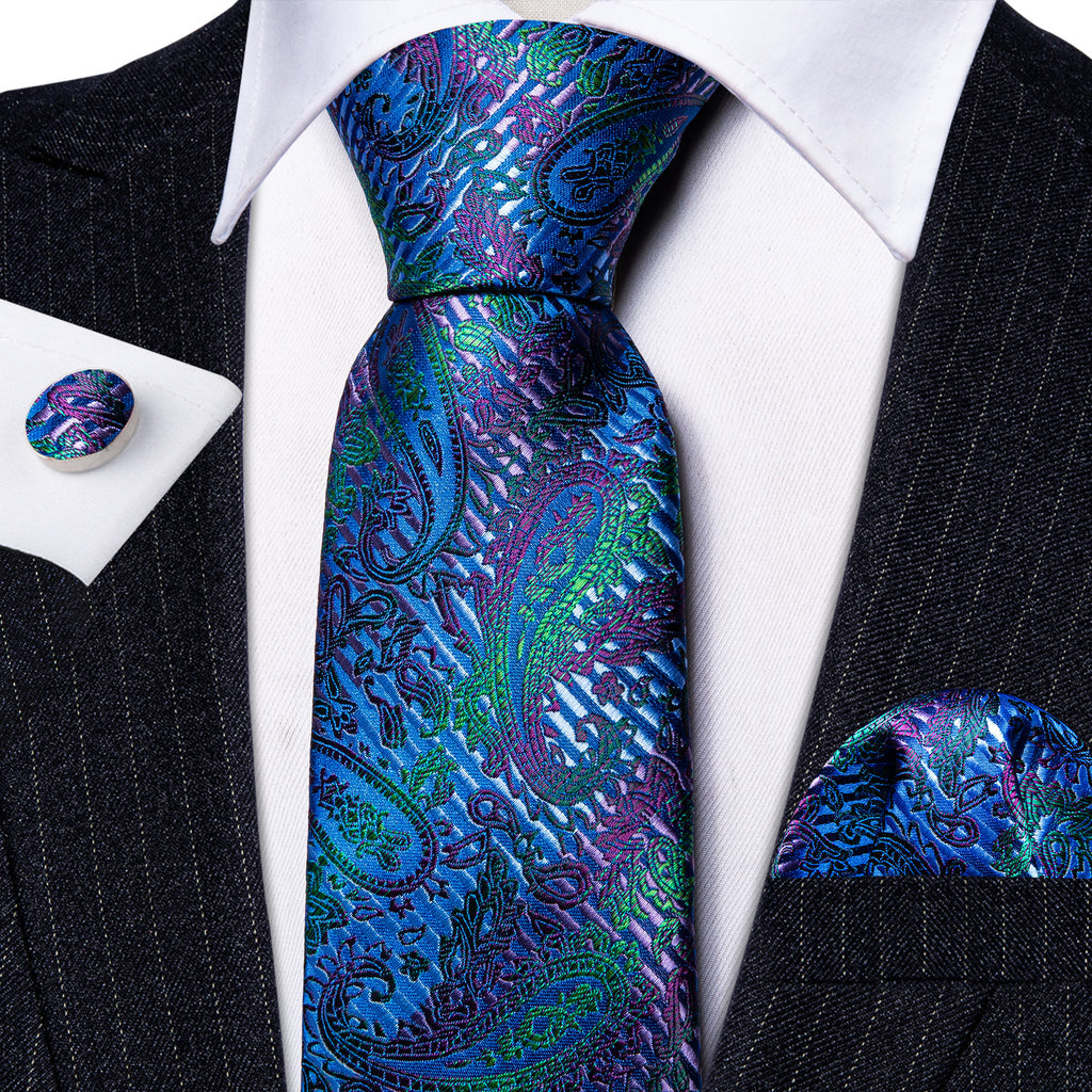 Dark Blue Paisley Silk Tie, Pocket Square and Cufflinks Set tie sets - Sophisticated Gentlemen