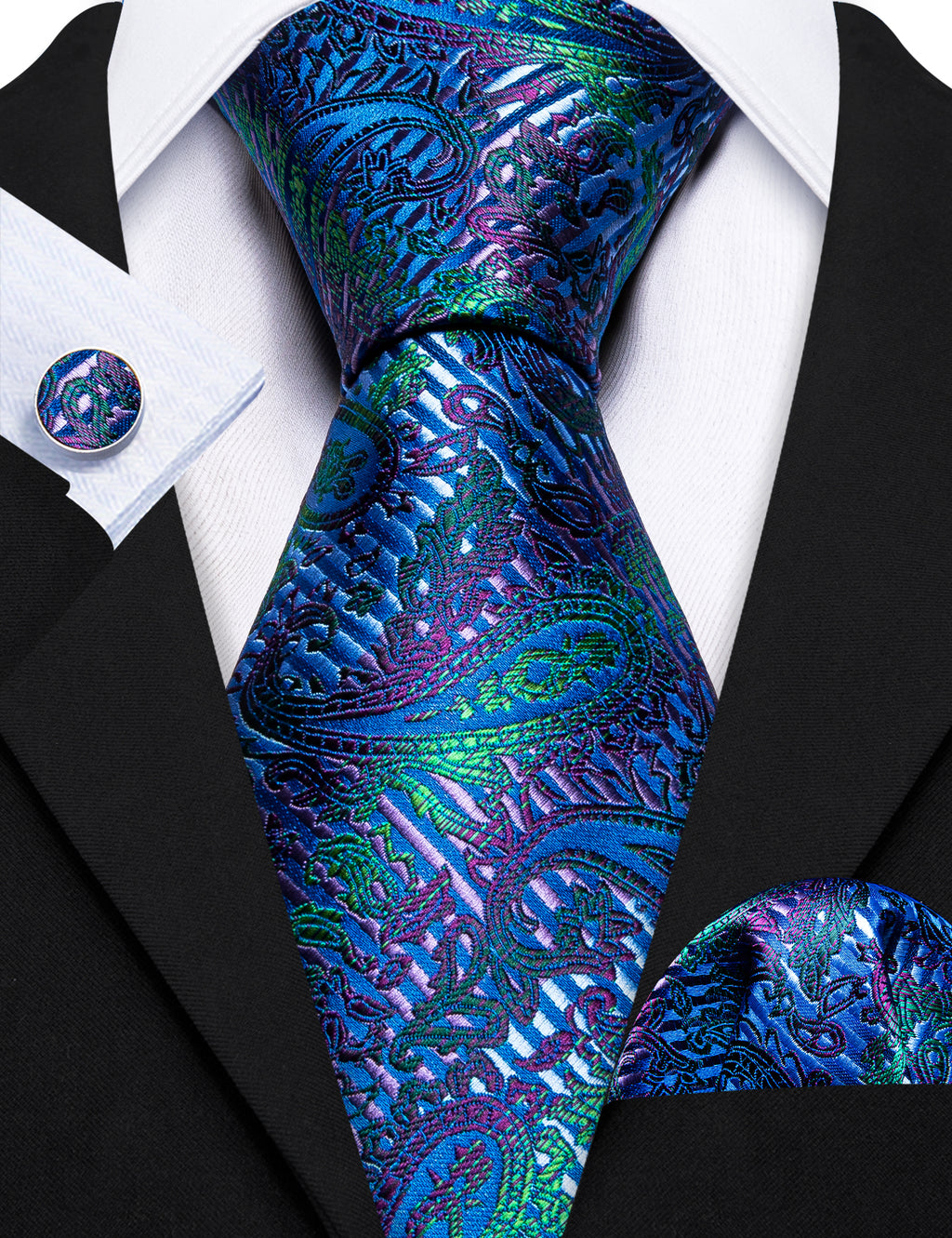 Dark Blue Paisley Silk Tie, Pocket Square and Cufflinks Set tie sets - Sophisticated Gentlemen