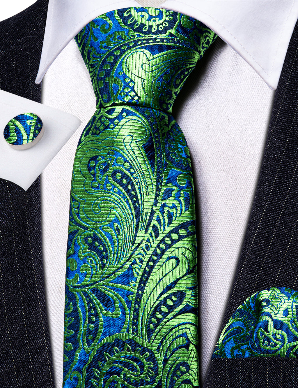 Green Blue Paisley Silk Tie, Pocket Square and Cufflinks Set tie sets - Sophisticated Gentlemen