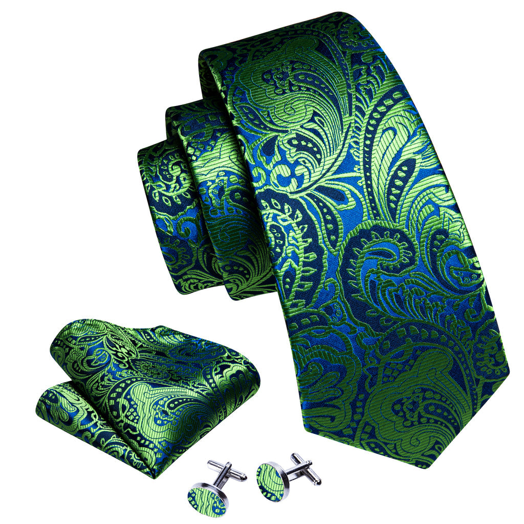Green Blue Paisley Silk Tie, Pocket Square and Cufflinks Set tie sets - Sophisticated Gentlemen