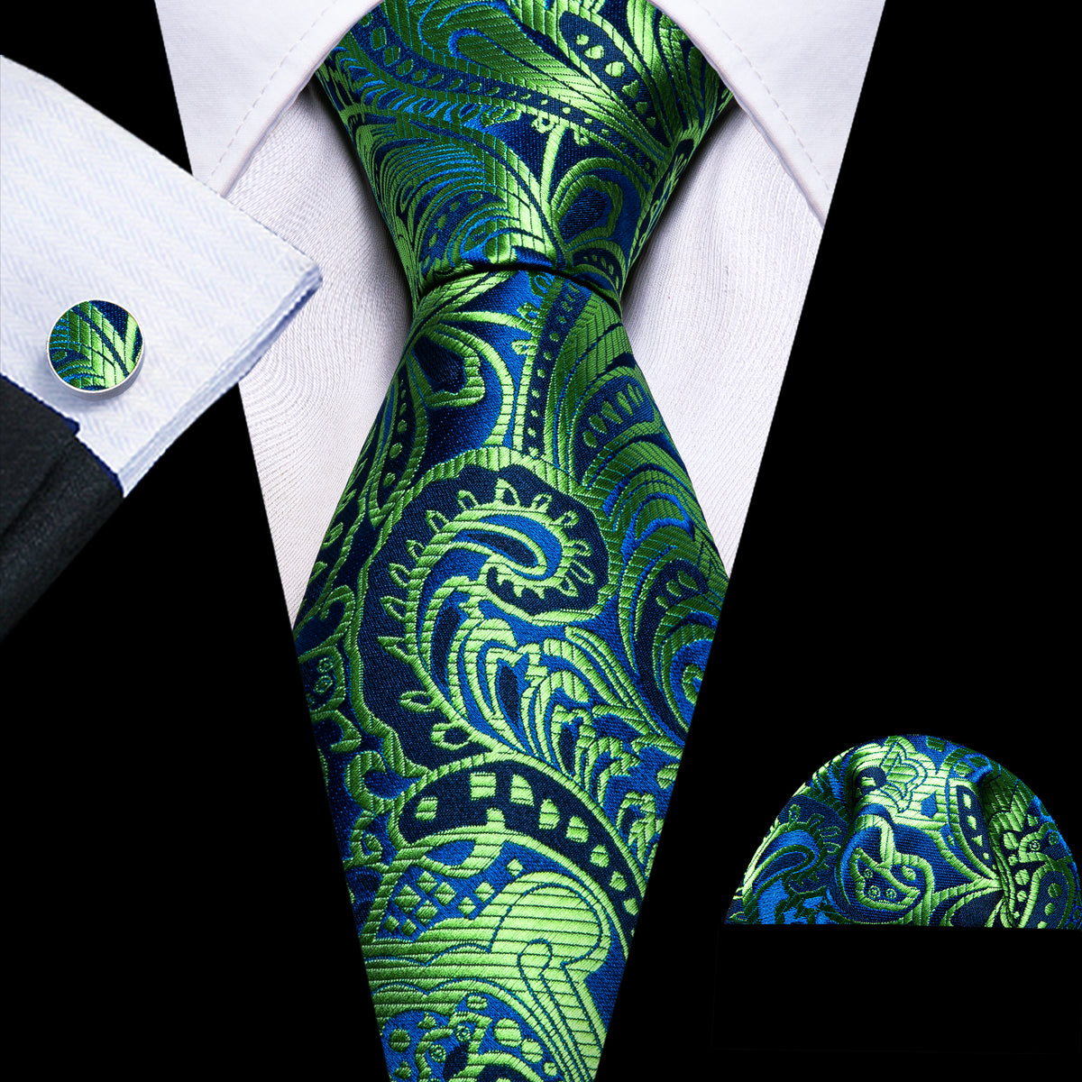 Green Blue Paisley Silk Tie, Pocket Square and Cufflinks Set tie sets - Sophisticated Gentlemen