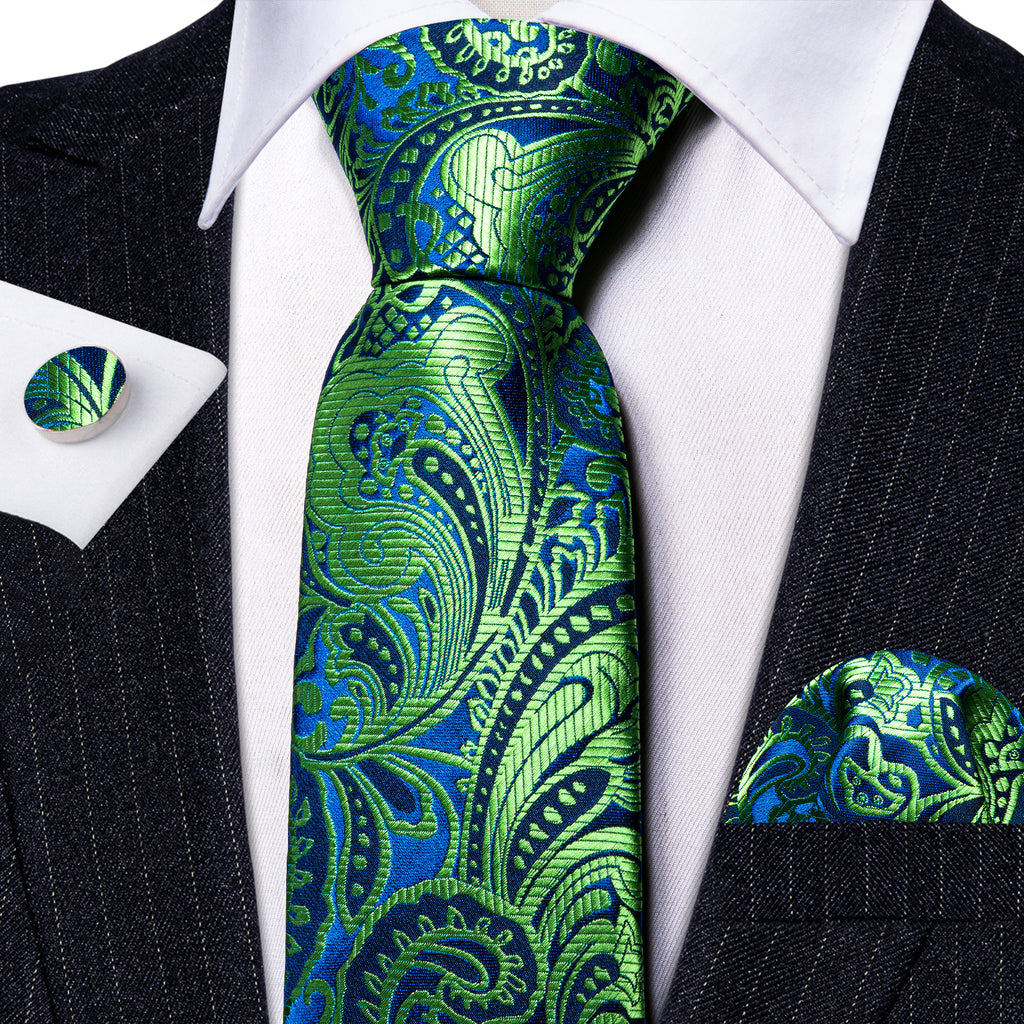Green Blue Paisley Silk Tie, Pocket Square and Cufflinks Set tie sets - Sophisticated Gentlemen