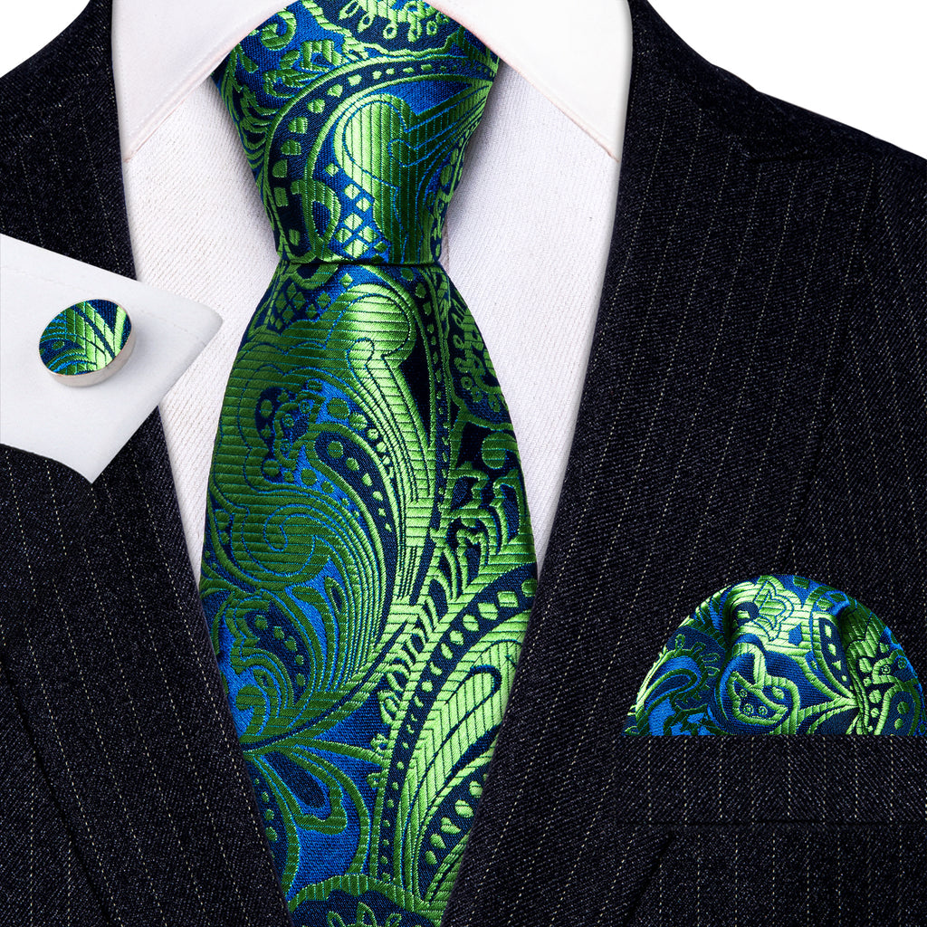 Green Blue Paisley Silk Tie, Pocket Square and Cufflinks Set tie sets - Sophisticated Gentlemen