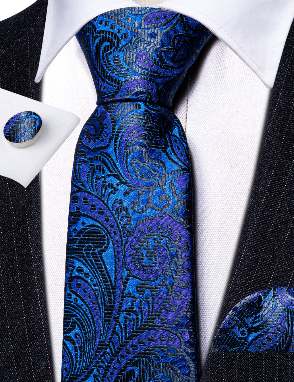 Dark Blue Paisley Silk Tie, Pocket Square and Cufflinks Set tie sets - Sophisticated Gentlemen