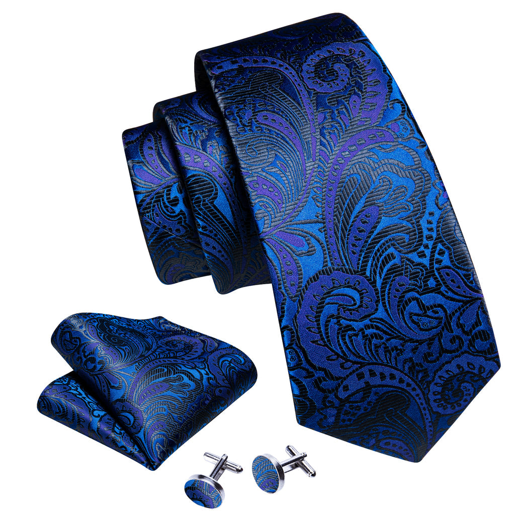 Dark Blue Paisley Silk Tie, Pocket Square and Cufflinks Set tie sets - Sophisticated Gentlemen
