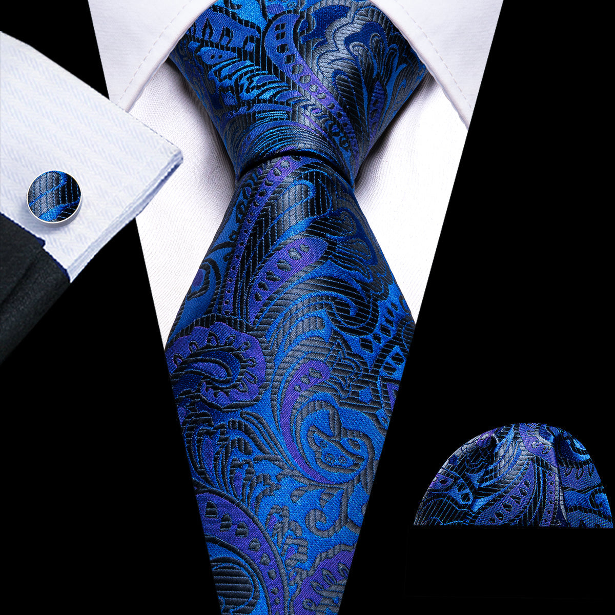 Dark Blue Paisley Silk Tie, Pocket Square and Cufflinks Set tie sets - Sophisticated Gentlemen